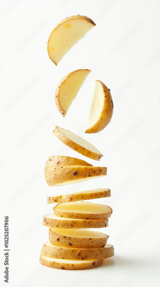 Falling potato slices on white background Falling potato slices on white background