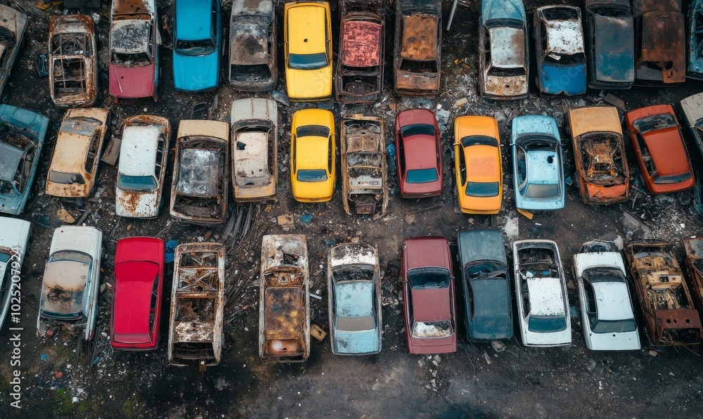 Aerial view of scrap yard with rows of old cars Aerial view of scrap yard with rows of old cars
