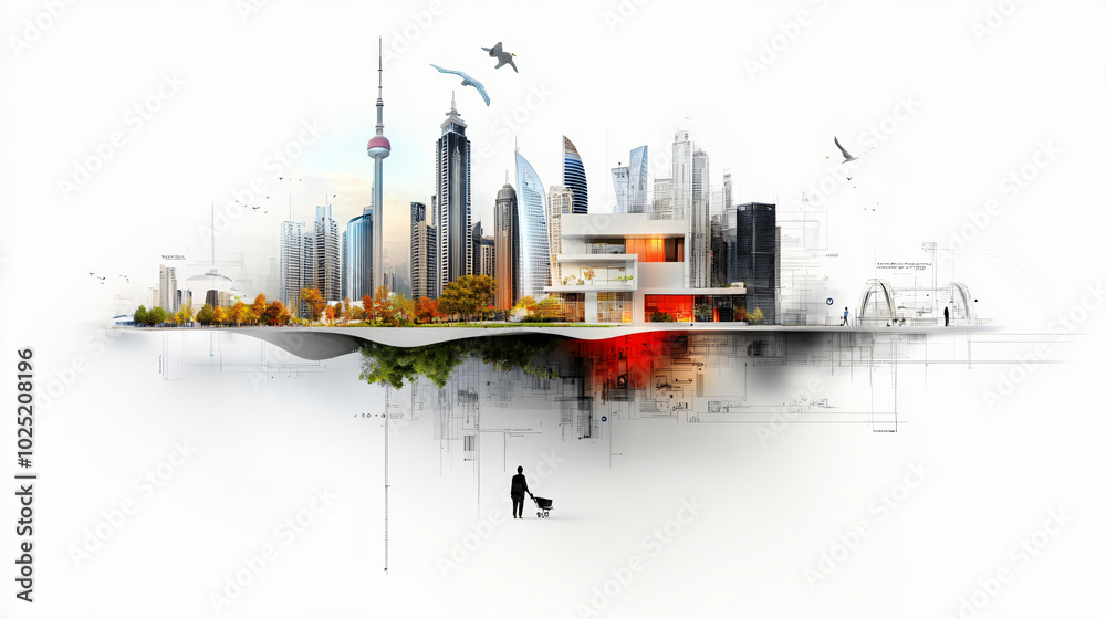 Fototapeta premium minimalist smart city plan sketch showcasing eco friendly architecture and urban design. image features blend of modern skyscrapers, greenery, and innovative structures, reflecting sustainable