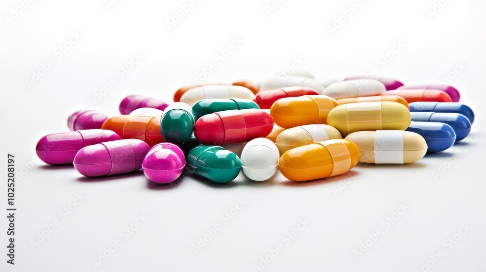 Many colored capsule pills on white background. Neural network ai generated art Many colored capsule pills on white background. Neural network ai generated art