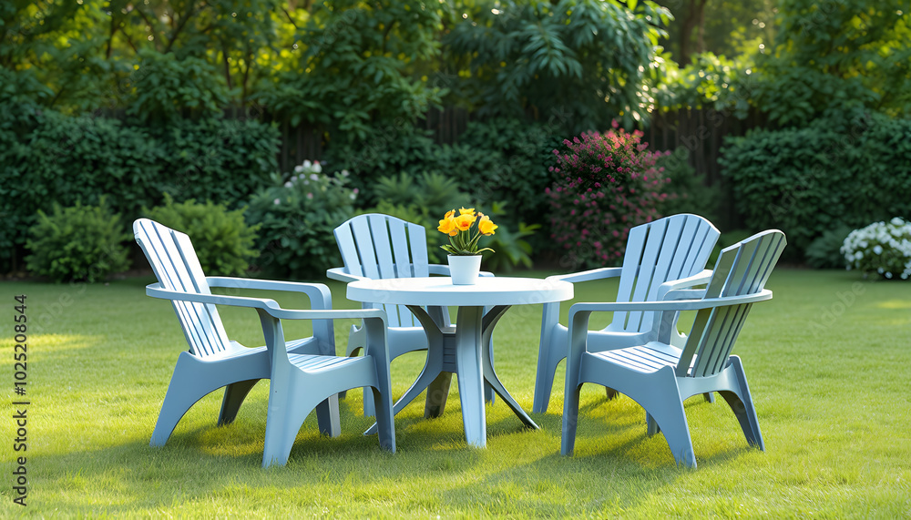 Plastic garden furniture on the lawn isolated with white highlights, png Plastic garden furniture on the lawn isolated with white highlights, png