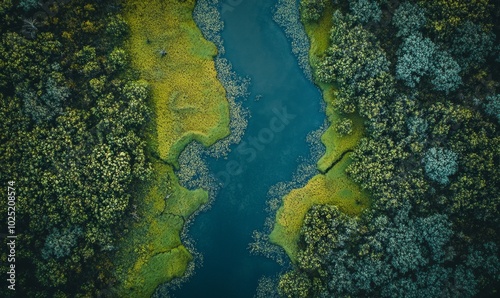 Aerial view of serene wetlands and marsh with moss and river,