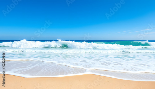 Sandy shore meets foamy ocean waves under clear blue skies isolated with white highlights, png