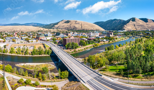 Obraz na płótnie Aerial panorama of Missoula, Montana, above Beartracks Bridge. Missoula is a city in and the county seat of Missoula County, Montana. It is located along the Clark Fork River. w salonie