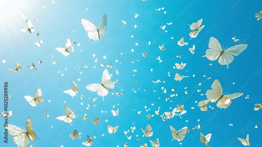  A group of white butterflies flying in the air against a bright blue sky, with white bubbles in the foreground