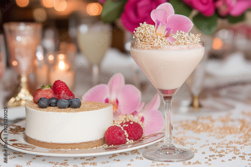 A dessert with a glass of milk and a plate of strawberries and blueberries A dessert with a glass of milk and a plate of strawberries and blueberries