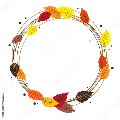 Vector isolated round frame of yellow dry autumn leaves. Border for text. Flat clipart for design