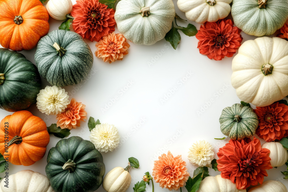 Autumn composition with pumpkins and flowers on white background. Flat lay, top view, copy space Autumn composition with pumpkins and flowers on white background. Flat lay, top view, copy space