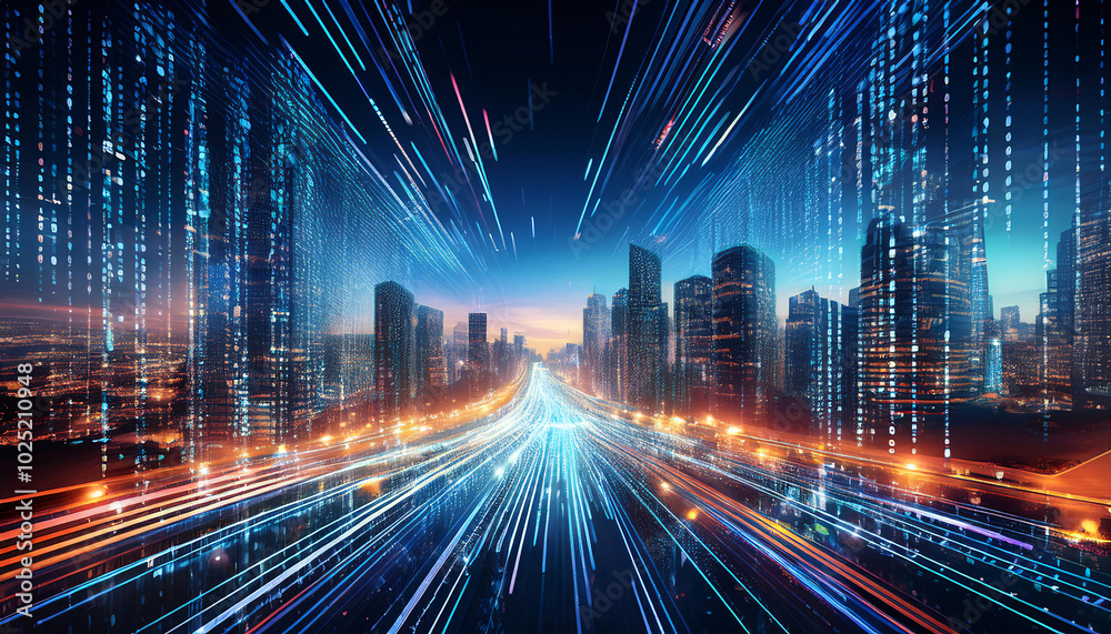 Fototapeta premium Digital Stream of Binary Code Over a Cityscape