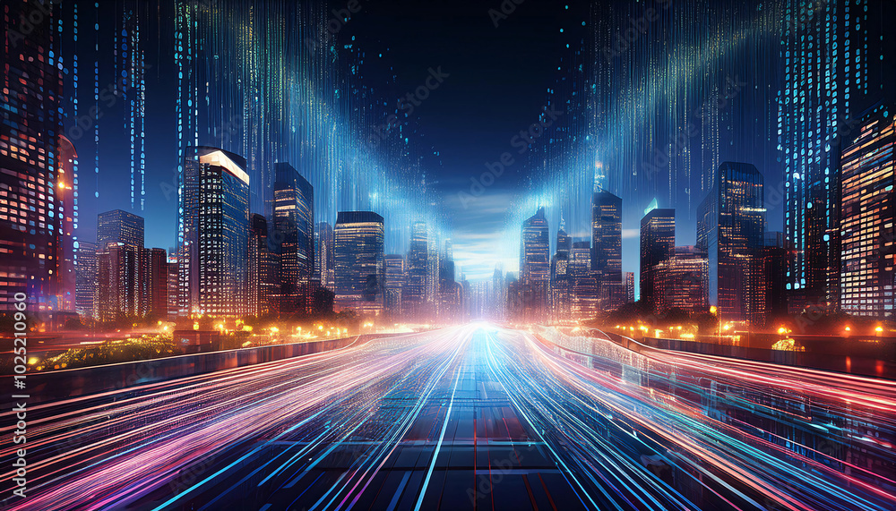 Digital Stream of Binary Code Over a Cityscape Digital Stream of Binary Code Over a Cityscape