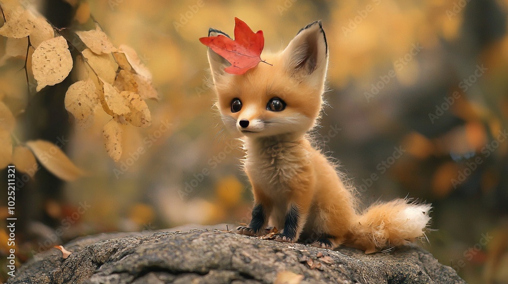 Fototapeta premium A small fox adorned with a vibrant red leaf perched atop a rock amidst a lush green backdrop