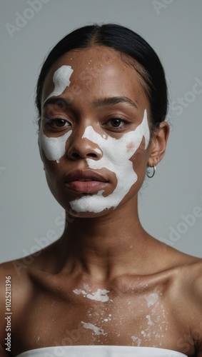 Woman with white face paint and sleek hair looking at camera in studio portrait