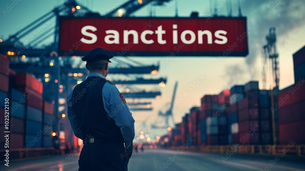 Fototapeta premium Security Guard at a Container Port with Sanctions Sign.