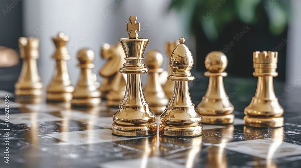 Golden Chess Pieces on a Marble Board. Golden Chess Pieces on a Marble Board.