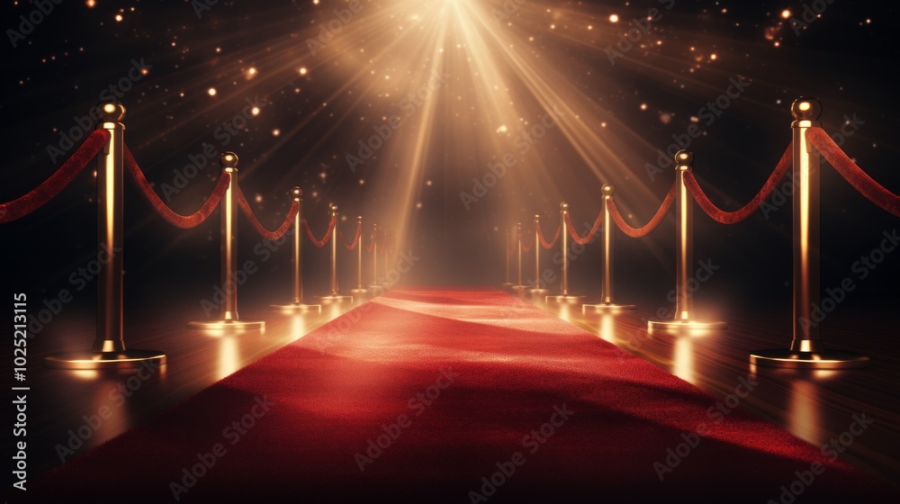 Red carpet entrance with barriers, velvet ropes and lights in the background. Neural network ai generated art Red carpet entrance with barriers, velvet ropes and lights in the background. Neural network ai generated art