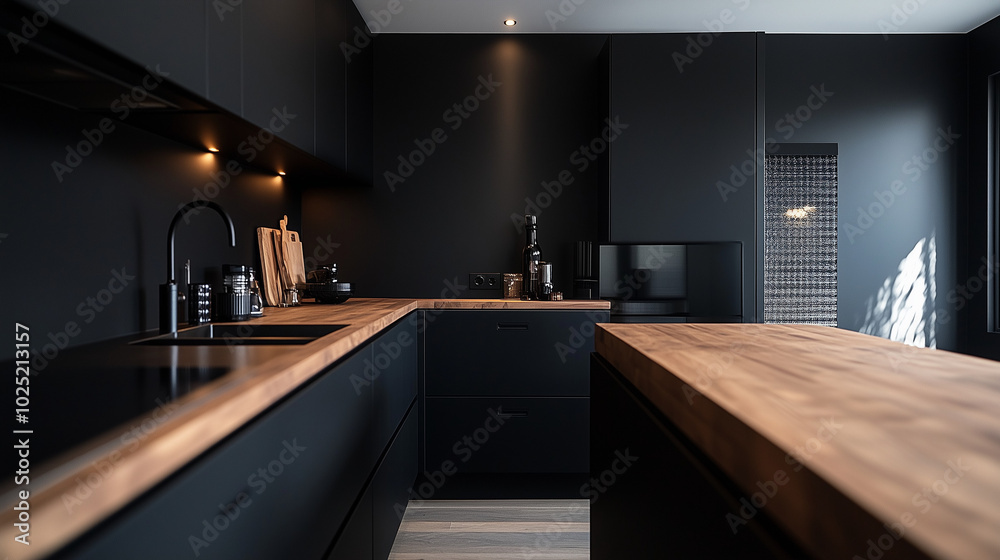 Modern kitchen with sleek black cabinets, wooden countertops, and minimalist design in a stylish, functional space