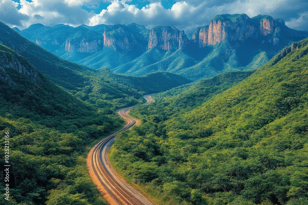 Winding road through a lush green valley with towering mountains in the background.