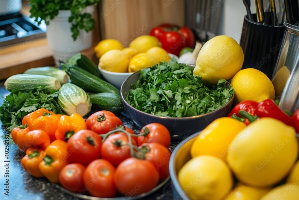 Fresh vegetables and fruits are beautifully arranged on a kitchen counter. Colorful greens, reds, and yellows create a vibrant display. Perfect for healthy cooking. Generative AI Fresh vegetables and fruits are beautifully arranged on a kitchen counter. Colorful greens, reds, and yellows create a vibrant display. Perfect for healthy cooking. Generative AI