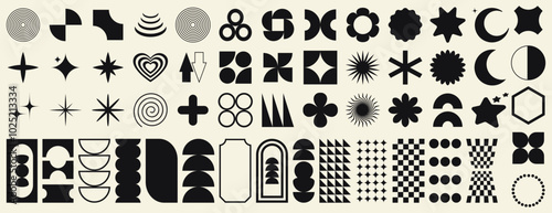 Big set of geometric elements for design. Trendy abstract minimalist figures, stars, flowers, circles. Vector illustration