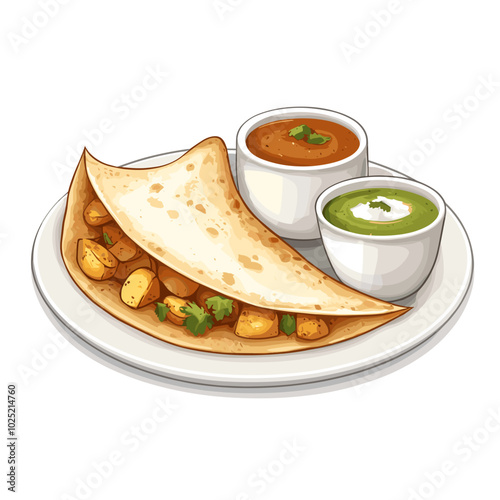 Illustration of Indian Masala Dosa with Chutney on a Plate