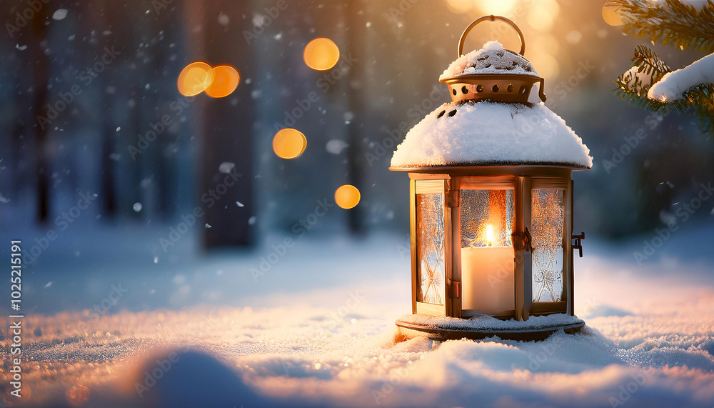 Snowy Lantern with Warm Candlelight and Golden Bokeh Snowy Lantern with Warm Candlelight and Golden Bokeh