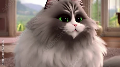 Cartoon Fluffy gray and white maine coon cat kneads biscuits on a cozy rug in a warm living room in animation