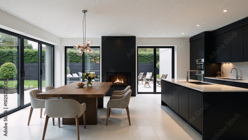 Modern sleek matte-black kitchendining space with fireplace Modern sleek matte-black kitchendining space with fireplace