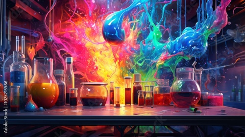 Splashes in colorful glass in scientific laboratory room. Neural network ai generated art