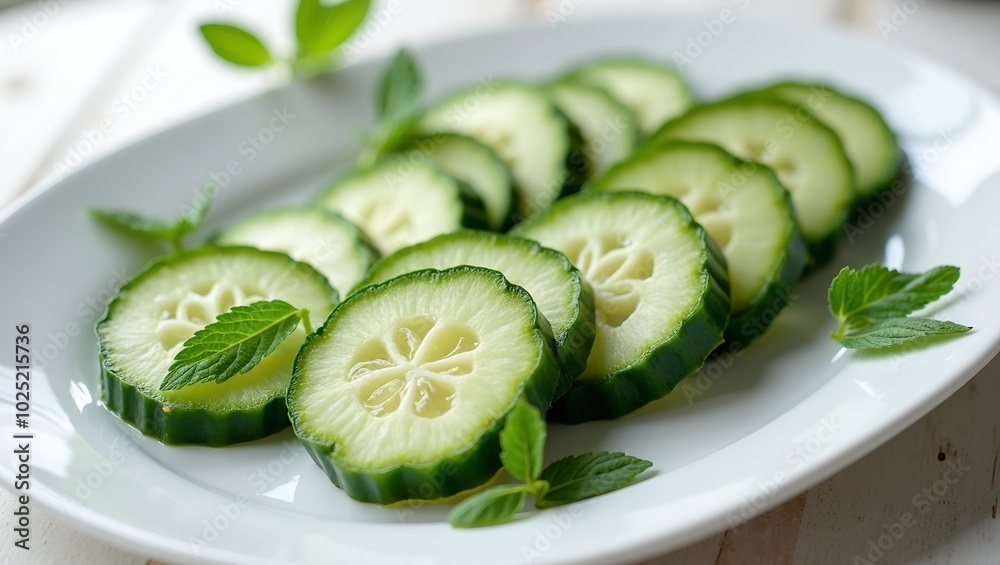 Fresh cucumber slices on white plate with mint leaves bathed in soft sunlight Fresh cucumber slices on white plate with mint leaves bathed in soft sunlight