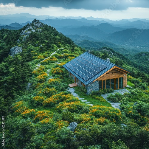 A modern, eco-friendly cabin sits atop a mountain, nestled in a lush, green landscape. The cabin has solar panels on its roof, indicating its sustainable design.