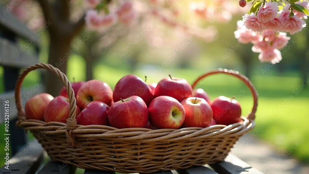 Fresh red apples in wicker basket under blossoming tree in sunlight Fresh red apples in wicker basket under blossoming tree in sunlight