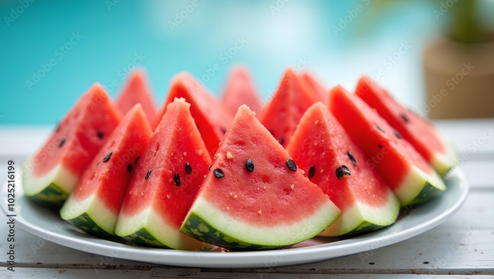Juicy watermelon slices on white platter with blue sky backdrop