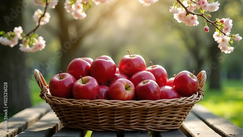 Fresh red apples in wicker basket under blossoming tree in sunlight