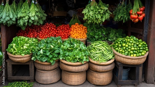 Colorful market stall with fresh fruits and vegetables, representing healthy eating and sustainable living