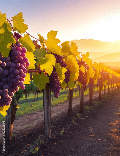 Golden hour illuminates lush grapevines in a vineyard during sunset in a serene landscape
