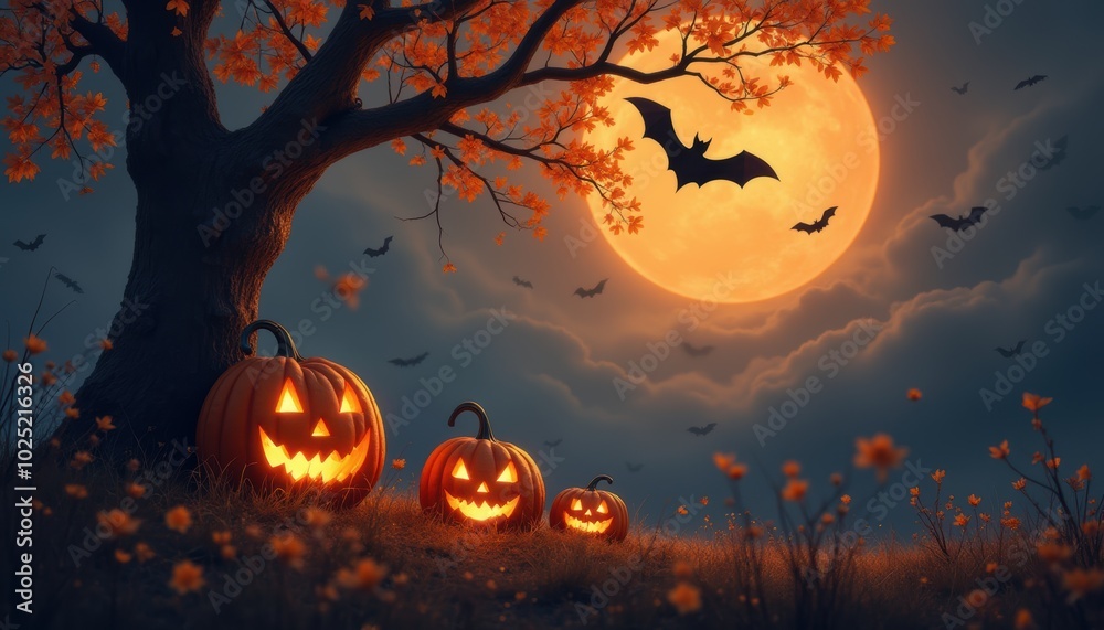 Pumpkin lantern in Halloween greeting, scary cobweb in corner. October wallpaper with creepy bat, holiday party in eerie night. Pumpkin lantern in Halloween greeting, scary cobweb in corner. October wallpaper with creepy bat, holiday party in eerie night.