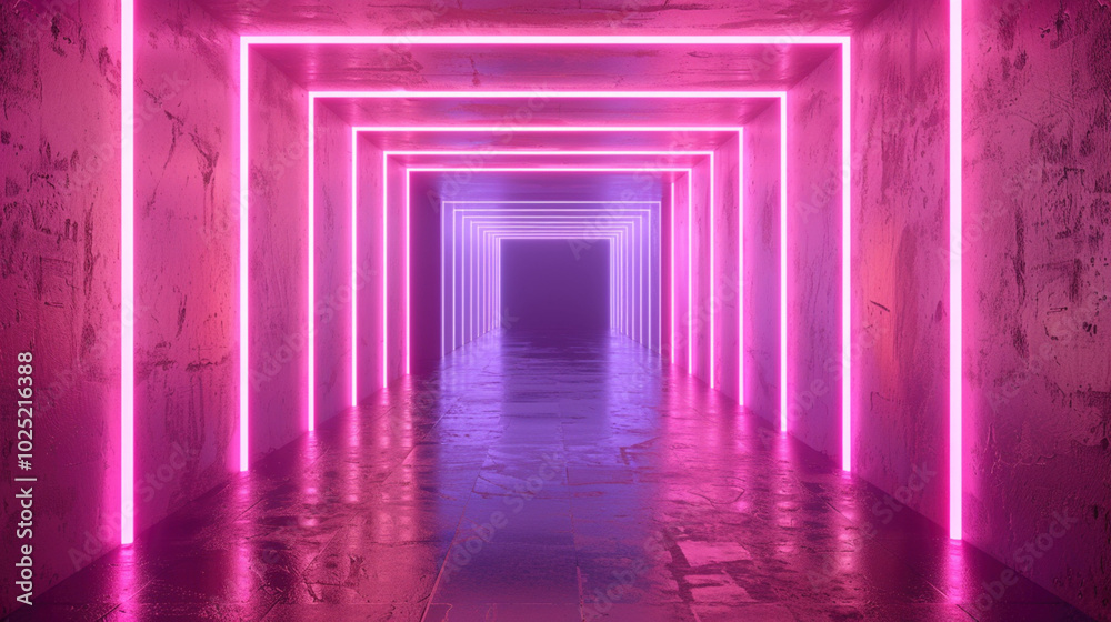 Neon futuristic infused corridor with vibrant lighting geometric shapes and a blank call to action space at the bottom perfect for technology design or futuristic themed commercial imagery