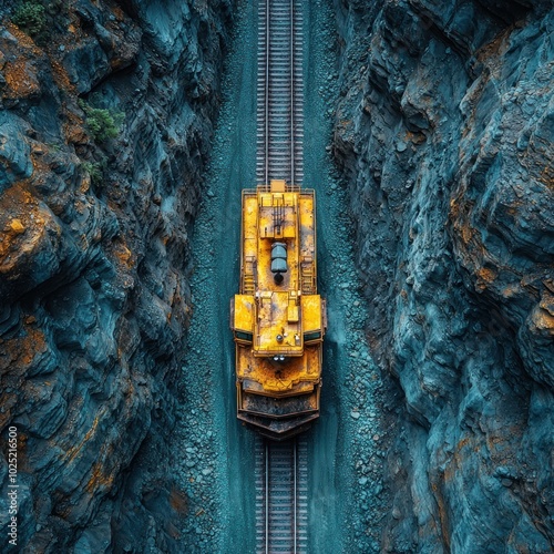 An aerial view of a yellow mining train traveling through a narrow canyon.