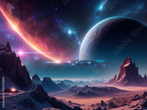 A vibrant cosmic landscape with a distant planet and colorful nebula over rugged mountains at twilight
