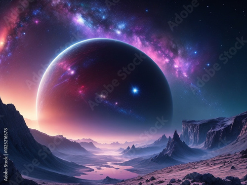 Vast cosmic landscape with vibrant stars and a large planet against a colorful sky at twilight