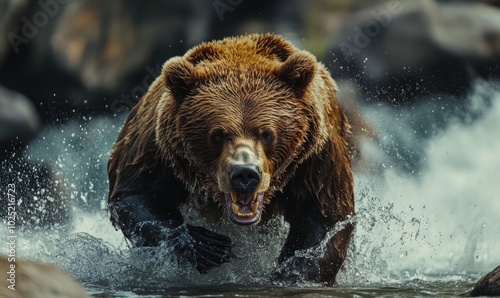 Angry grizzly bear in rage sprinting in water towards camera