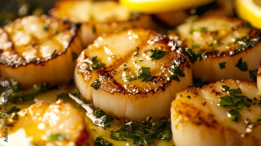 Close Up of Seared Scallops with Herbs and Lemon. Close Up of Seared Scallops with Herbs and Lemon.
