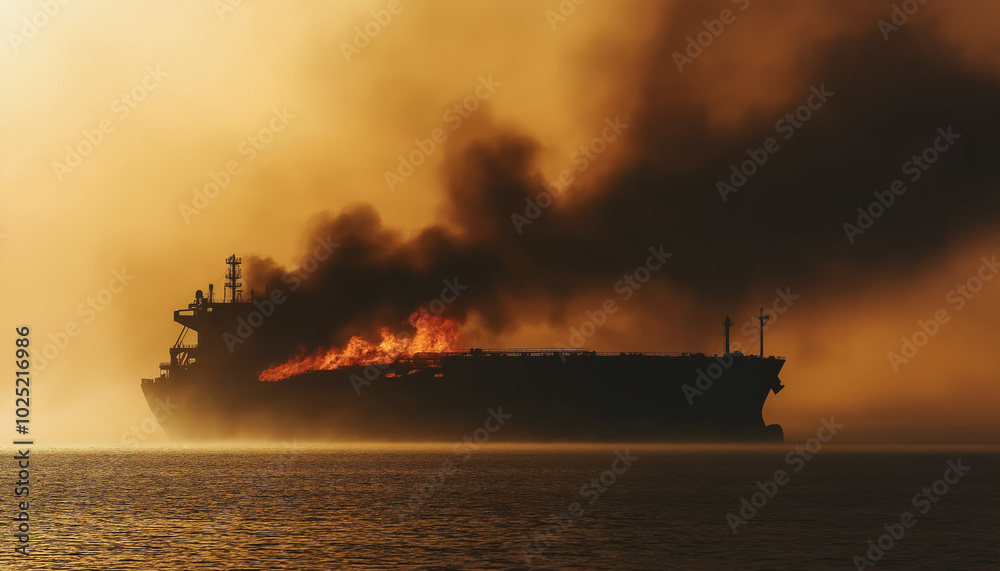 Burning large container cargo ship, fire and smoke above vessel. Generative AI