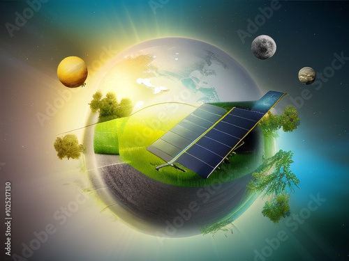 A vibrant globe showcasing solar panels amid planets and nature in a sustainable energy concept