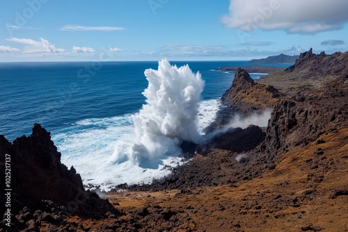 Ocean waves crashing against jagged cliffs, emphasizing the raw, untamed power of the sea