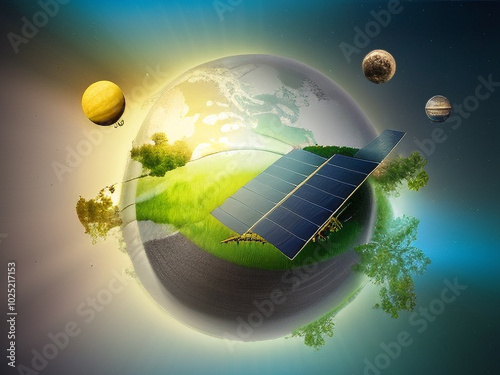 Solar panels on a green planet with celestial bodies and a bright sun shining in the background