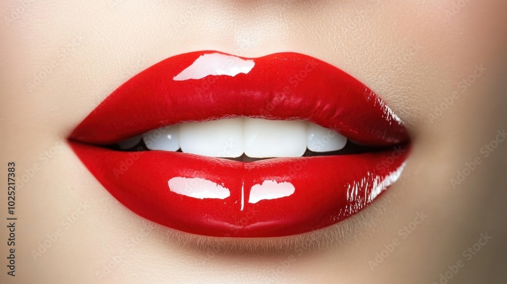 Fototapeta premium A close-up view of glossy red lips showcasing a bright, confident smile with perfectly whitened teeth, captured against a soft, neutral background in natural light