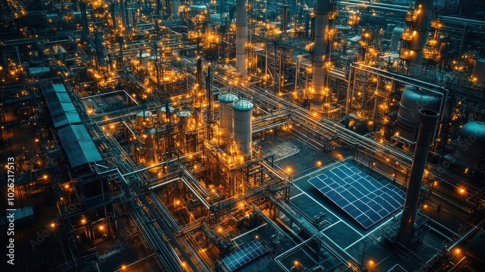 An aerial view of a large industrial complex at night, illuminated by bright lights, showcasing the intricate network of pipes and towers. An aerial view of a large industrial complex at night, illuminated by bright lights, showcasing the intricate network of pipes and towers.