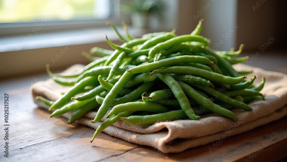 Vibrant green beans on burlap in sunlit kitchen Vibrant green beans on burlap in sunlit kitchen