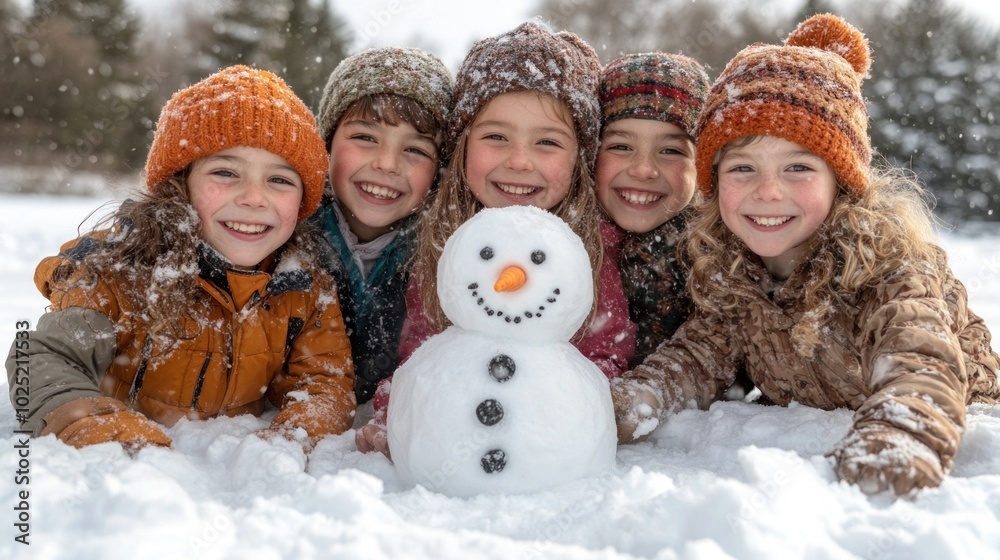 Children playing in the snow, building a snowman and laughing, highlighting the playful and magical spirit of winter holidays